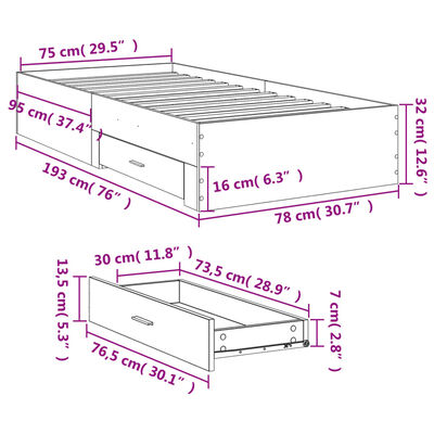 vidaXL Cama con cajones madera de ingeniería negra 75x190 cm