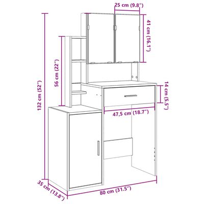 vidaXL Tocador con mueble roble Sonoma 80x35x132 cm