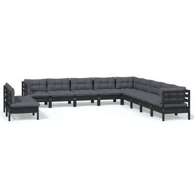 vidaXL Muebles de jardín 11 pzas y cojines negro madera maciza de pino