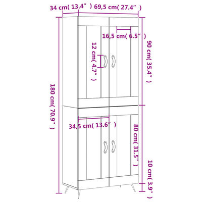 vidaXL Aparador alto madera contrachapada gris sonoma 69,5x34x180 cm