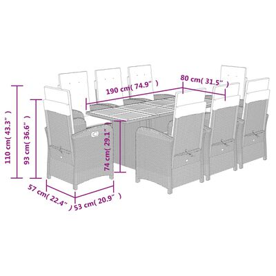 vidaXL Set comedor jardín 9 pzas y cojines ratán sintético gris