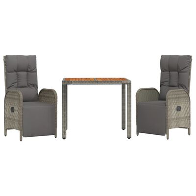 vidaXL Set comedor de jardín 3 piezas con cojines ratán sintético gris