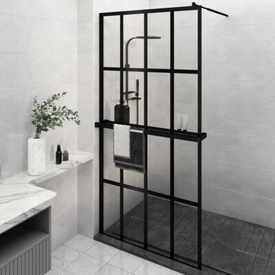 vidaXL Mampara ducha con estante vidrio ESG y aluminio negro 118x190cm