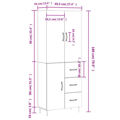 vidaXL Aparador alto madera contrachapada blanco brillo 69,5x34x180 cm