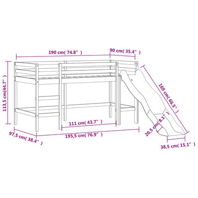 vidaXL Cama alta para niños tobogán madera maciza pino negro 90x190 cm