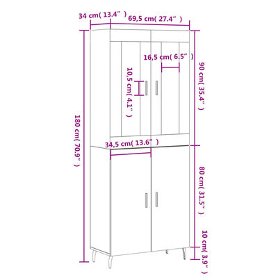 vidaXL Aparador alto madera contrachapada negro 69,5x34x180 cm