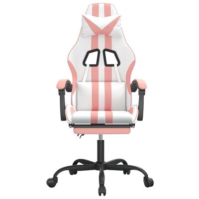 vidaXL Silla gaming giratoria y reposapiés cuero sintético blanco rosa