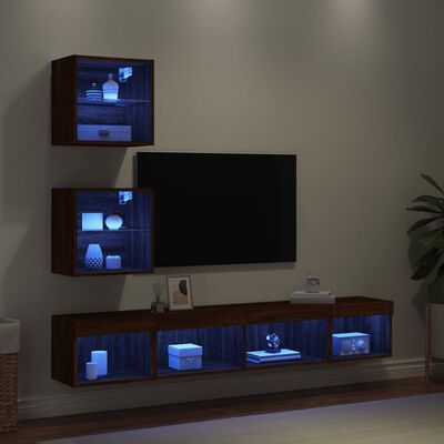 vidaXL Muebles TV pared con LED 5 pzas madera ingeniería marrón roble