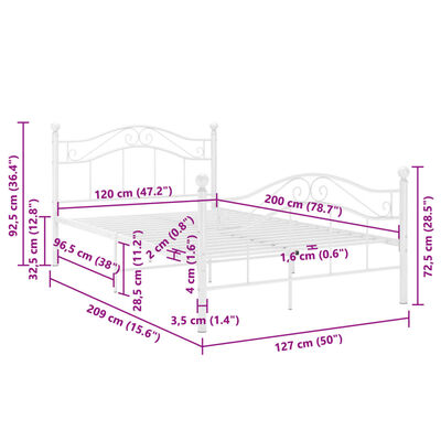 vidaXL Estructura de cama de metal blanco 120x200 cm