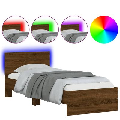 vidaXL Estructura de cama cabecero luces LED marrón roble 75x190 cm