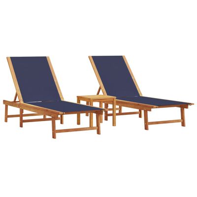 vidaXL Tumbonas 2 uds con mesa madera maciza acacia y textileno azul