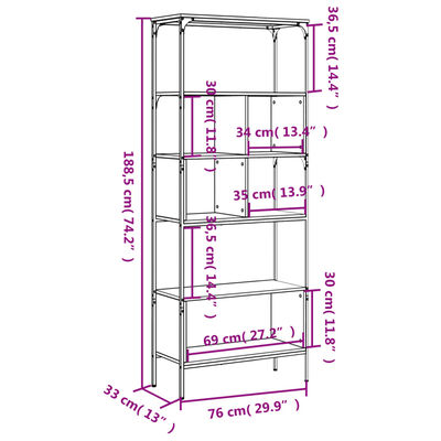 vidaXL Librería 5 estantes madera ingeniería marrón 76x33x188,5 cm