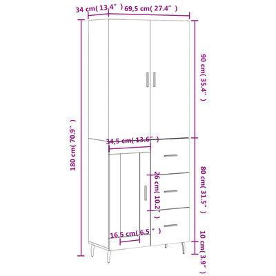 vidaXL Aparador alto madera contrachapada marrón roble 69,5x34x180 cm