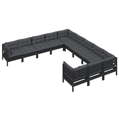 vidaXL Muebles de jardín 11 pzas y cojines negro madera de pino