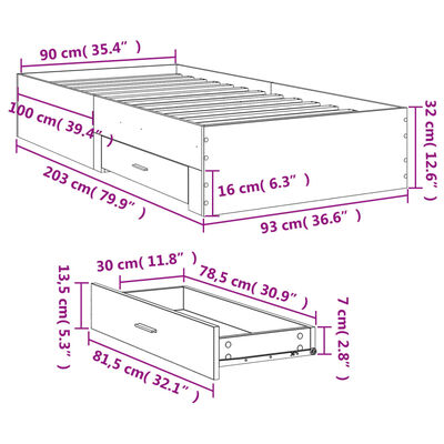 vidaXL Cama con cajones madera ingeniería roble Sonoma 90x200 cm