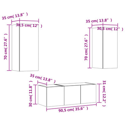 vidaXL Muebles TV pared con LED 4 pzas madera ingeniería gris Sonoma