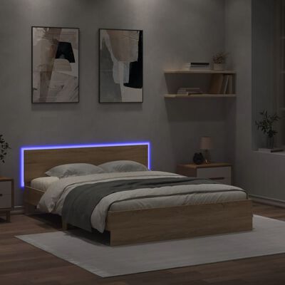 vidaXL Estructura de cama cabecero y luces LED roble Sonoma 150x200 cm
