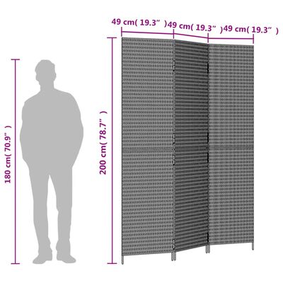 vidaXL Biombo de 3 paneles ratán sintético gris