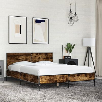 vidaXL Estructura cama madera ingeniería metal roble ahumado 135x190cm