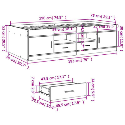 vidaXL Sofá cama con cajones sin colchón roble ahumado 75x190 cm