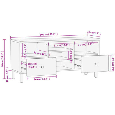 vidaXL Mueble de TV madera maciza de mango negro 100x33x46 cm