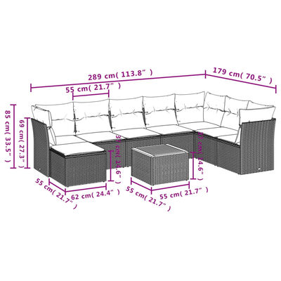 vidaXL Set de muebles de jardín 9 pzas y cojines ratán sintético gris