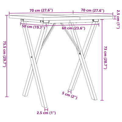 vidaXL Mesa comedor marco X madera maciza pino y hierro 70x70x75,5 cm