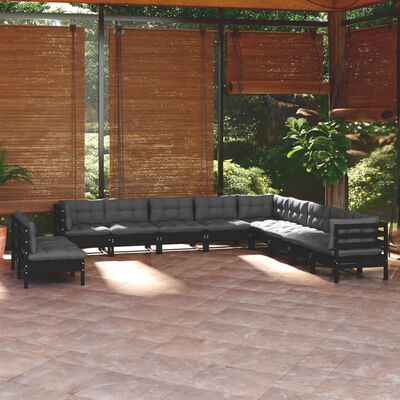 vidaXL Muebles de jardín 11 pzas y cojines negro madera maciza de pino