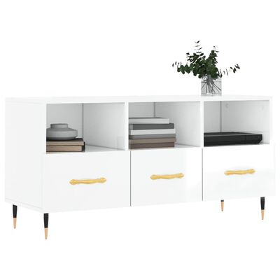 vidaXL Mueble de TV madera contrachapada blanco brillo 102x36x50 cm