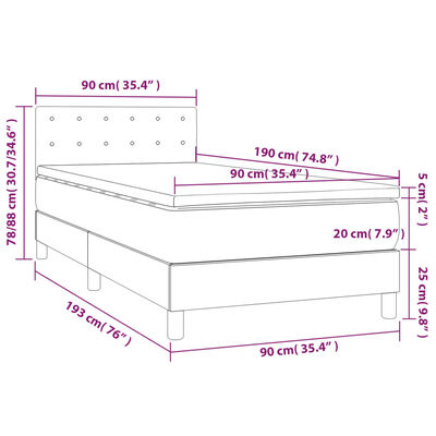 vidaXL Cama box spring colchón y LED terciopelo gris oscuro 90x190 cm