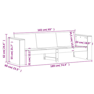 vidaXL Sofá de jardín 3 plazas madera maciza pino blanco 189x60x62 cm