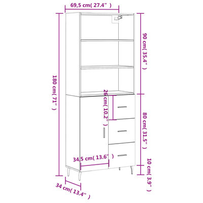 vidaXL Aparador alto madera contrachapada roble ahumado 69,5x34x180 cm