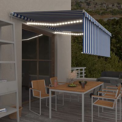 vidaXL Toldo retráctil manual con persiana y LED azul y blanco 4,5x3 m