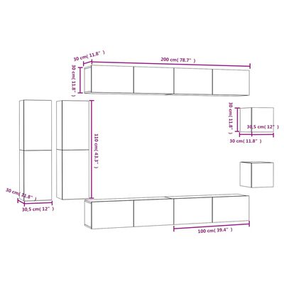 vidaXL Set de muebles de TV 8 pzas madera contrachapada gris hormigón