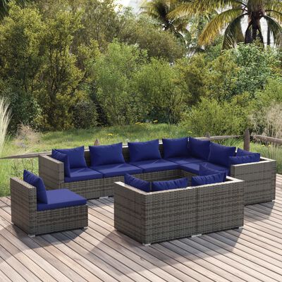 vidaXL Set de muebles de jardín 9 pzas y cojines ratán sintético gris