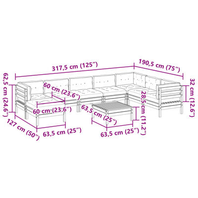 vidaXL Set de sofás jardín 9 pzas con cojines madera pino marrón cera