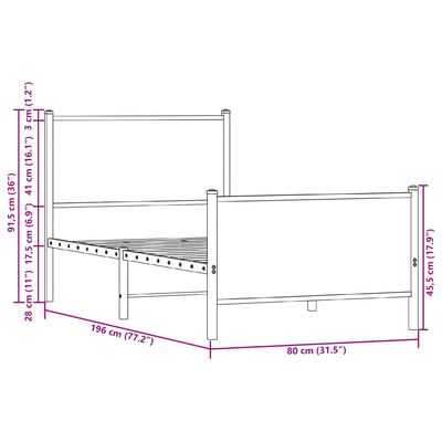 vidaXL Estructura de cama sin colchón metal roble ahumado 75x190 cm