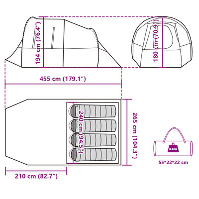 vidaXL Tienda de camping con túnel 4 personas impermeable gris naranja