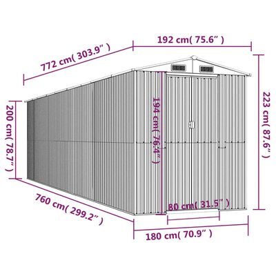 vidaXL Cobertizo de jardín acero galvanizado antracita 192x772x223 cm