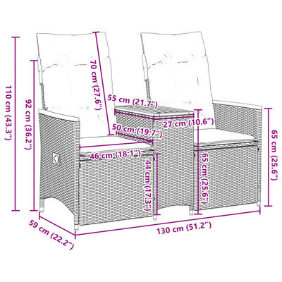 vidaXL Sofá de jardín reclinable de 2 plazas con mesa ratán PE gris