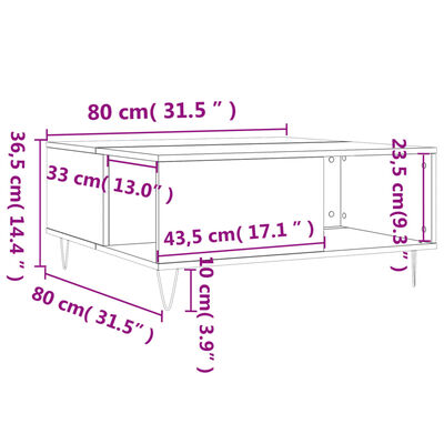 vidaXL Mesa de centro madera contrachapada roble ahumado 80x80x36,5 cm