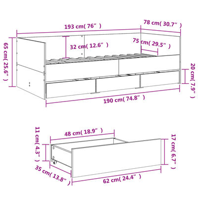 vidaXL Sofá cama con cajones sin colchón roble marrón 75x190 cm