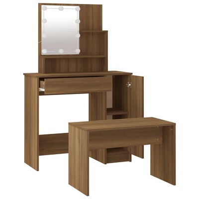 vidaXL Juego de tocador con LED madera contrachapada roble marrón