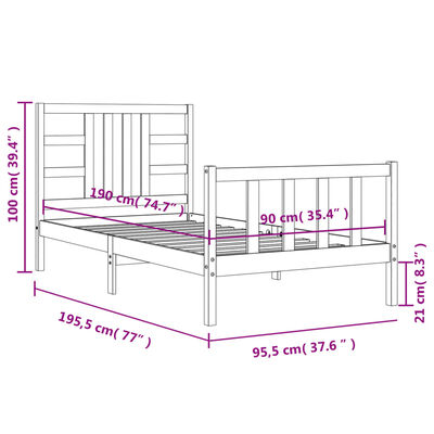 vidaXL Estructura de cama con cabecero madera maciza 90x190 cm