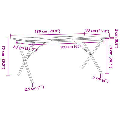 vidaXL Mesa de comedor marco X madera maciza pino y hierro 180x90x75cm