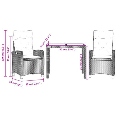 vidaXL Set comedor de jardín 3 piezas con cojines ratán sintético gris