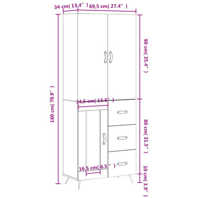 vidaXL Aparador alto madera contrachapada gris hormigón 69,5x34x180 cm