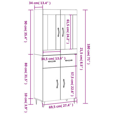 vidaXL Aparador alto madera contrachapada blanco 69,5x34x180 cm