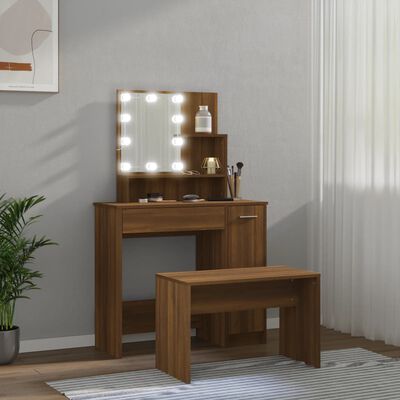 vidaXL Juego de tocador con LED madera contrachapada roble marrón