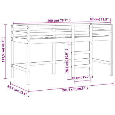 vidaXL Cama alta niños con cortinas madera pino blanco negro 80x200 cm